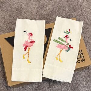 Linen Flamingo Embroidered Hand Towels